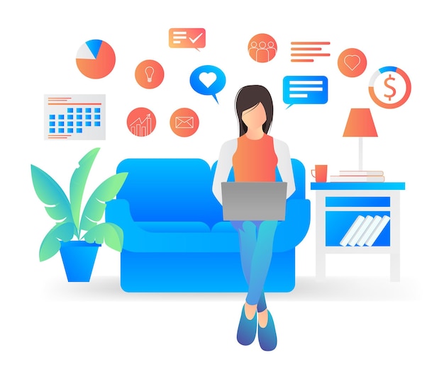 Flat style modern vector illustration about freelancer work at home with the laptop