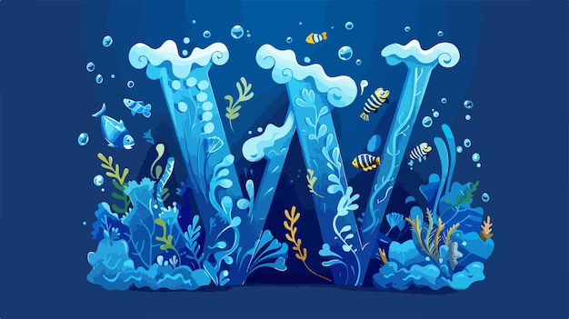 Vector flat style ocean font with water fishes and water plants