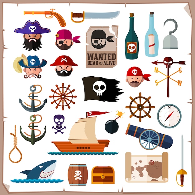 Vector flat style pirate icon collection