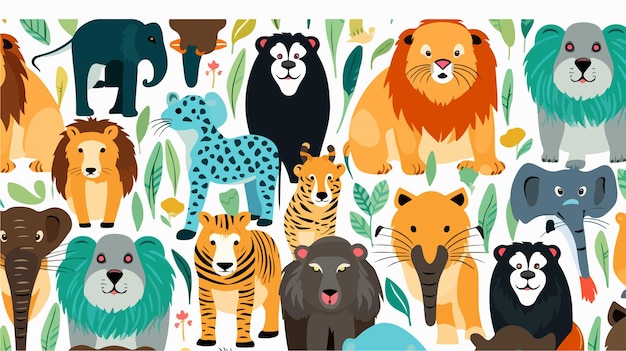 Flat Style Seamless Zoo Animals Pattern Illustration