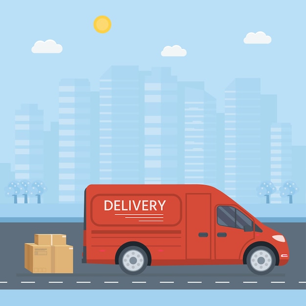 Flat style vector illustration delivery service concept. Truck with box container,  shop shipping. Vector flat conceptual design.