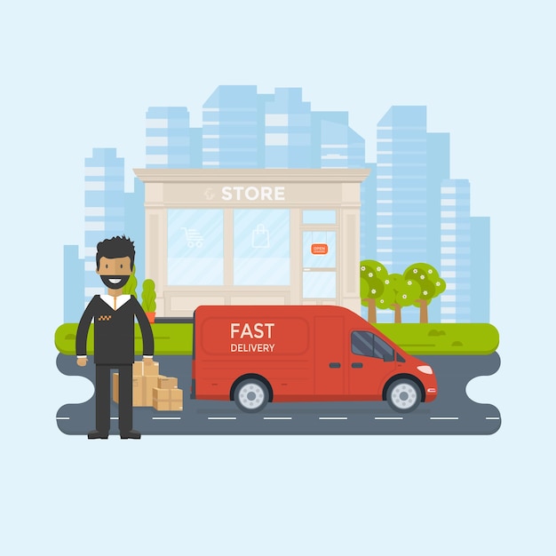 Flat style vector illustration free delivery service concept Truck with box containerstore shop shipping with sity background Vector flat conceptual design