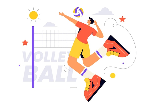 Vector a flat style vector illustration of a volleyball player on the attack for a sports competition series with a cartoon background