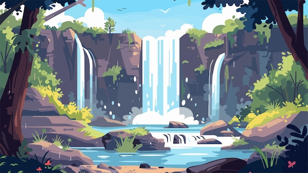 Vector flat style waterfall landscape vector illustration