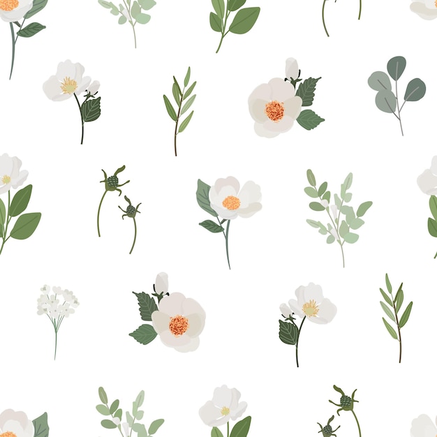 Flat style white camellia flower seamless pattern