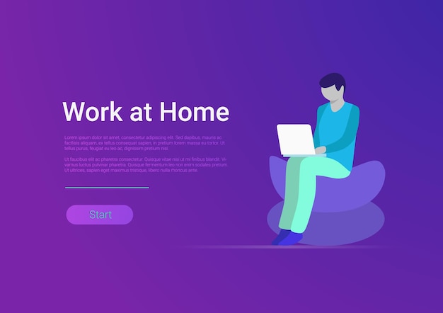 Flat style work at home vector banner template Man freelancer working laptop computer PC