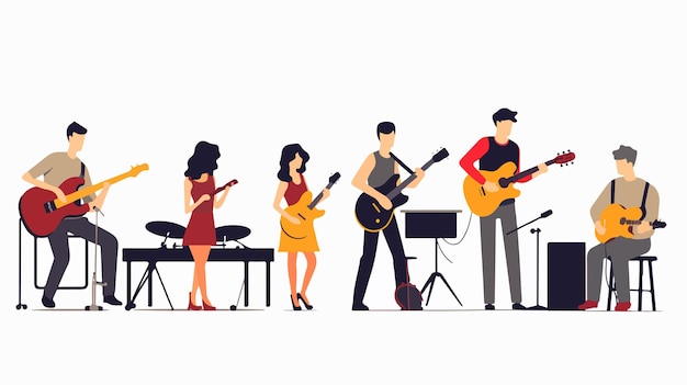 Flat Style Young Musician with Different Instruments Vector Illustration