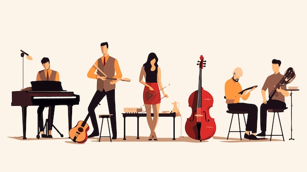 Vector flat style young musician with different instruments vector illustration