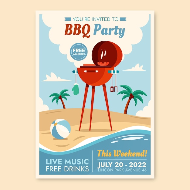 Flat summer barbecue poster template with grill