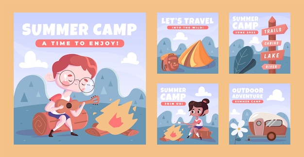 Flat summer camping instagram posts collection