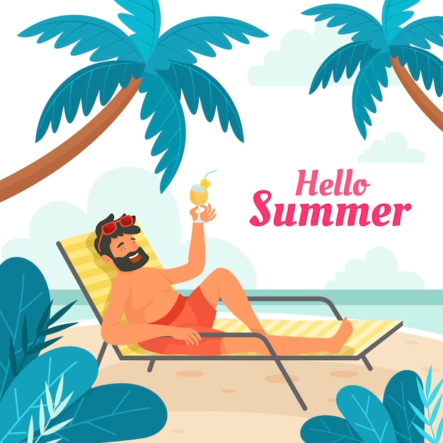 Flat summer illustration with man having cocktail at the beach