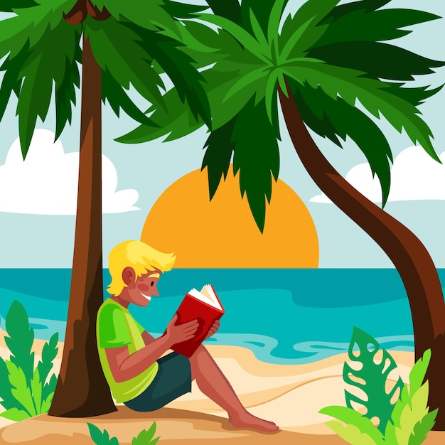 Flat summer illustration with man reading book on the beach