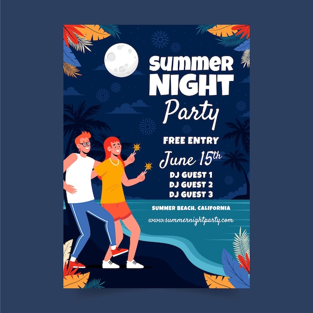 Flat summer night party poster template with people on the beach