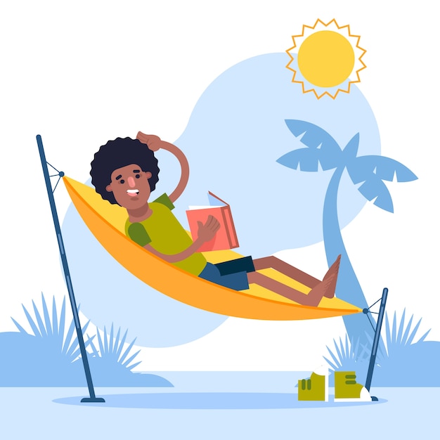 Flat summer reading books illustration with man in hammock