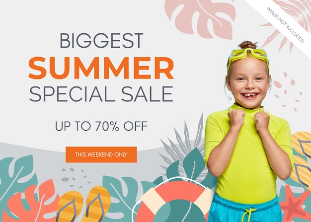 Flat summer sale banner with tropical floral and beach illustration