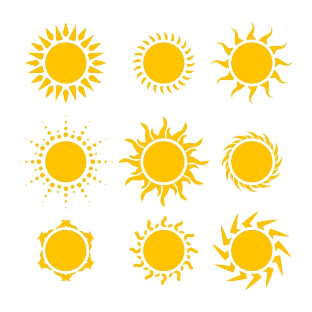 Flat summer sun rays icon set in different style