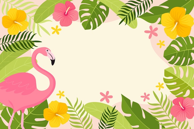 Flat summer tropical background with vegetation and flamingo