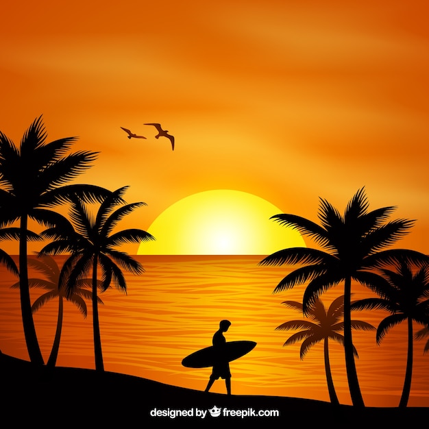 Flat sunset background with palm trees