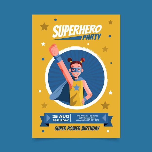 Flat superhero birthday invitation