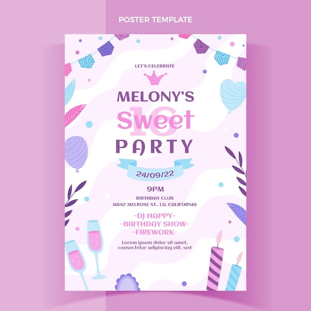 Flat sweet 16 vertical poster template