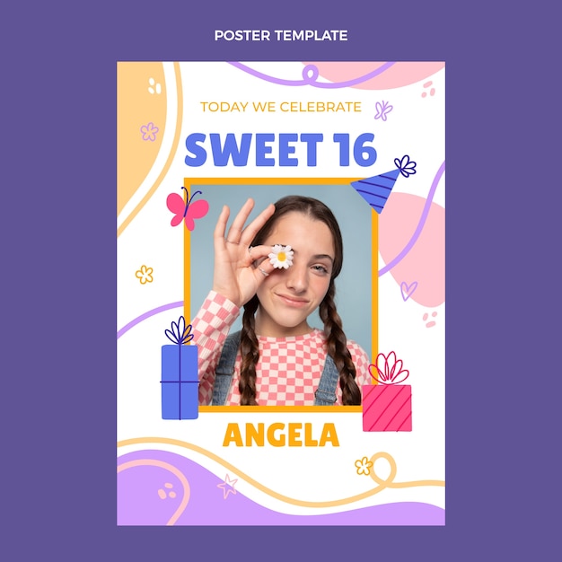 Flat sweet sixteen vertical poster template