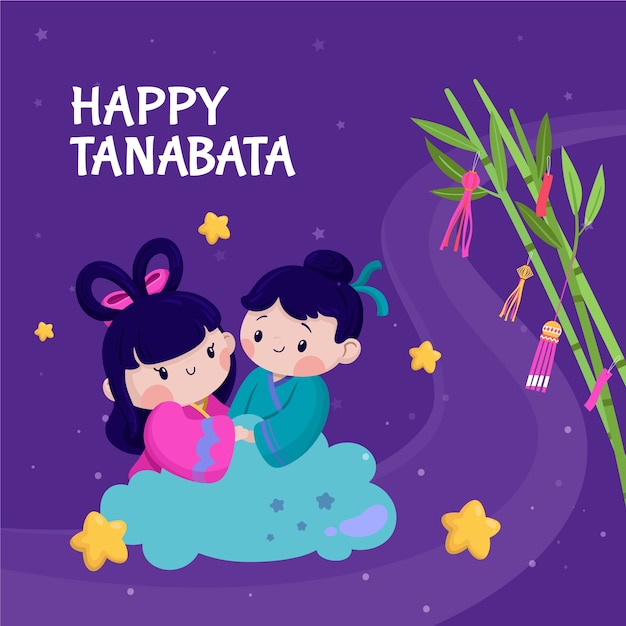 Flat tanabata illustration with cute couple on cloud