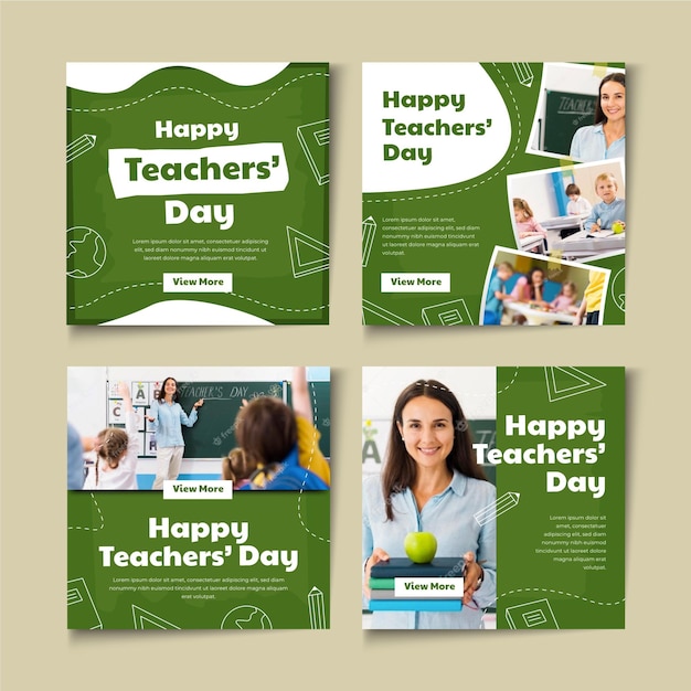 Vector flat teachers' day instagram posts collection with photo