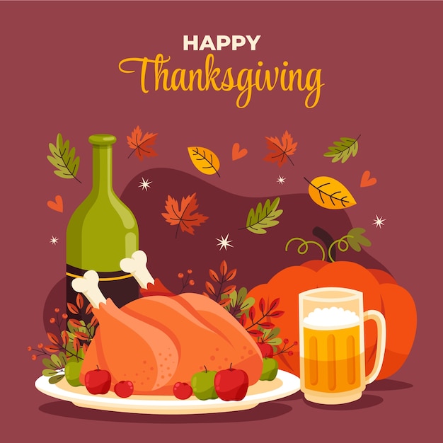 Flat thanksgiving illustration with turkey and wine