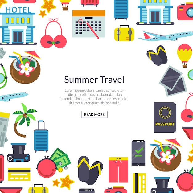 flat travel elements background illustration with place for text in center