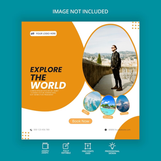 Flat travel social media post design collection with photo set