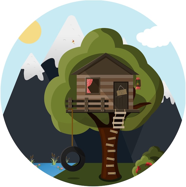 Vector flat tree house in the forest against the background of mountains and lake cute vector house