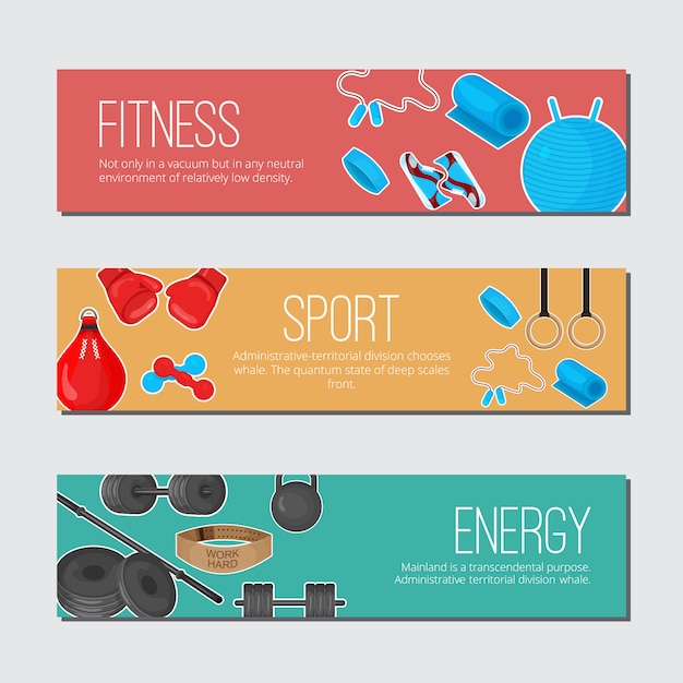 Vector flat trendy color banner with sport equipments elements set