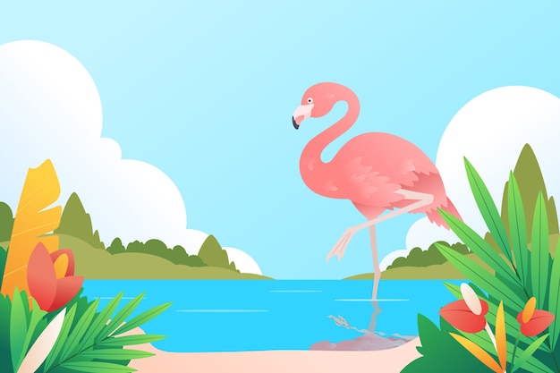 Flat tropical summer background with flamingo on the beach