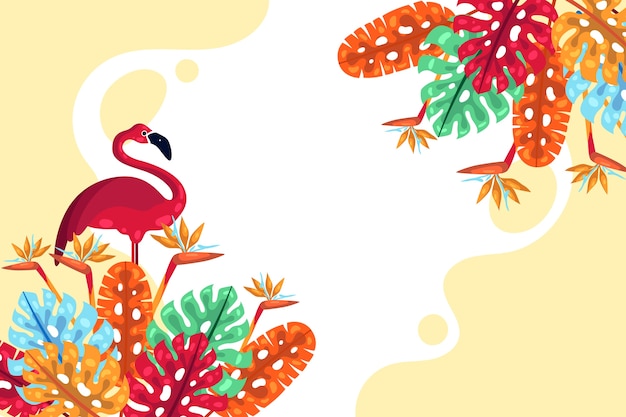 Flat tropical summer background with leaves and flamingo