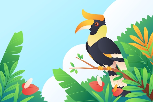 Flat tropical summer background with leaves and toucan