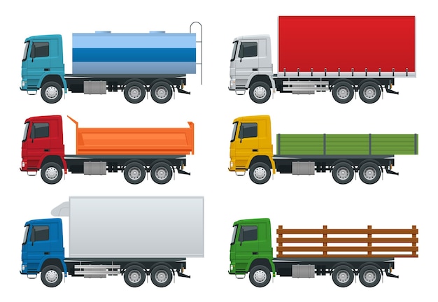 Flat trucks set isolated realistic vehicles on white background. Petroleum tanker, Dump Truck, Refrigerator truck logistics, land transport, delivery side view.