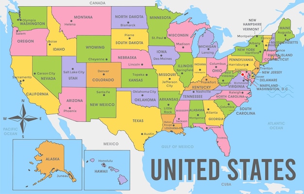 Flat United States Map with Border Line