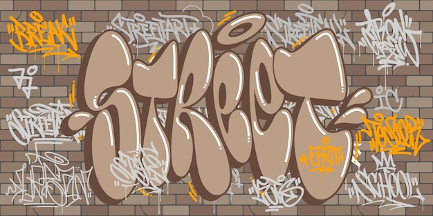 Vector flat urban brick wall with some graffiti street art lettering texture decorative background vector illustration