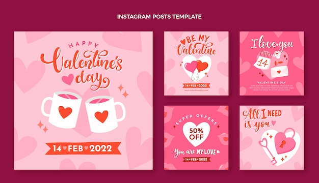 Flat valentine's day instagram posts collection