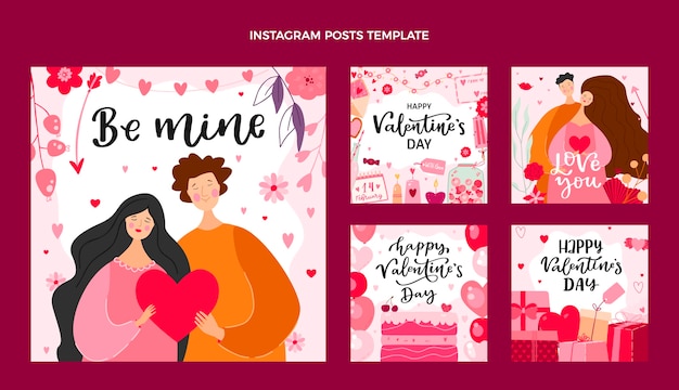 Flat valentine's day instagram posts collection