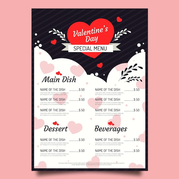 Flat valentine's day menu template