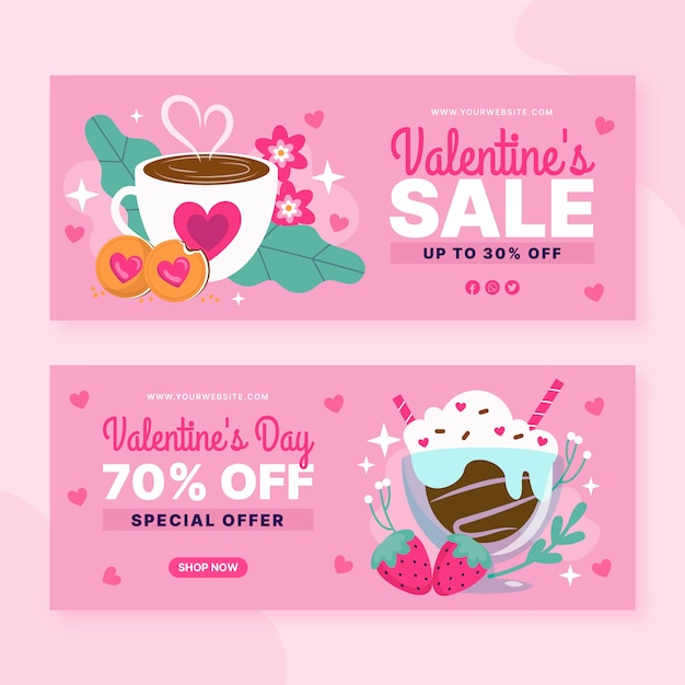 Flat valentine's day sale horizontal banners set