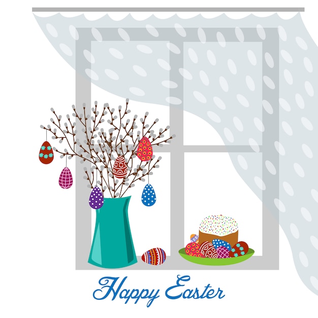 Flat vase with spring branches, painted eggs and easter cake on the window isolated . 