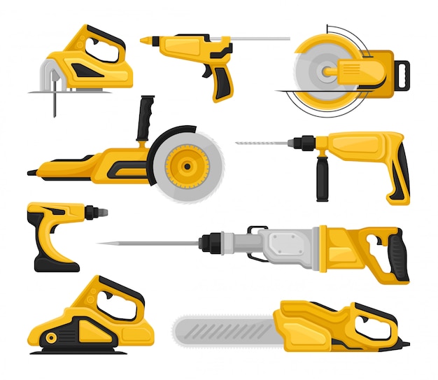 Flat vectoe set of different power tools. Electric saws, sanding machine, hammer drills, glue gun. Building equipment