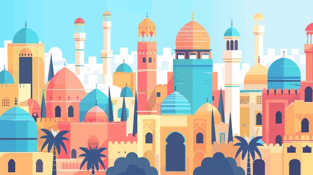 Flat vector artwork of an Arabian city with a simple and abstract design