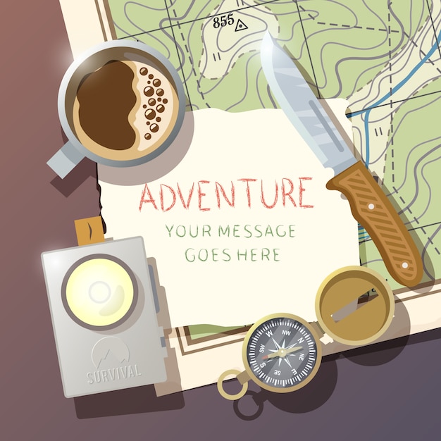 Flat vector background on the subject of wilderness survival, camping, travel, etc.