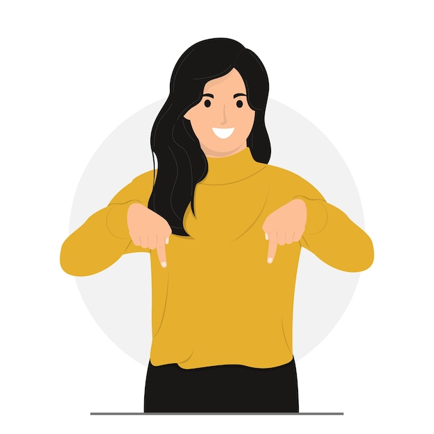 Flat vector Beautiful girl with happy smile pointing fingers down at banner