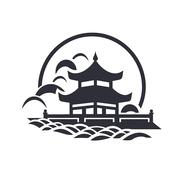 Flat vector of a black and white pagoda in a minimalist style