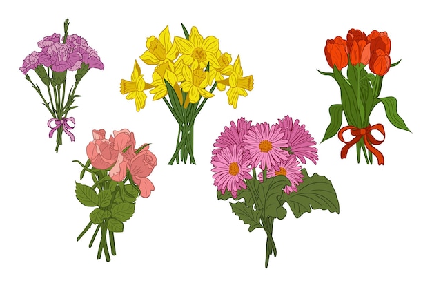 Flat vector bouquets of colored flowers Bunches of carnations roses daffodils gerberas tulips