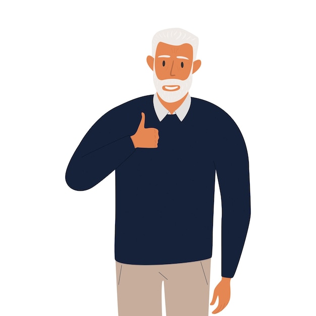 Flat vector cartoon illustration of a smiling elderly man giving a thumbs up.